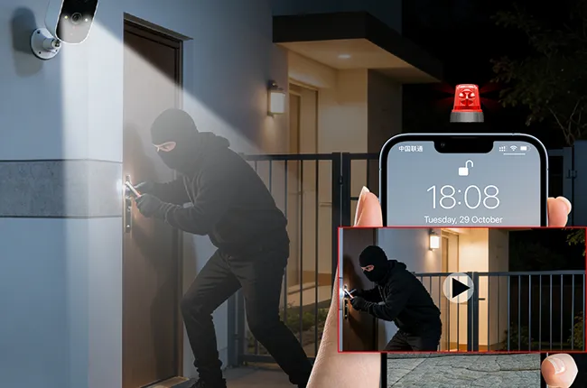 PIR 人体智能侦测 + 声光警戒，主动防盗预警